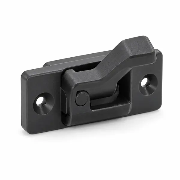 Plastic latch and fittings for cabin equipment