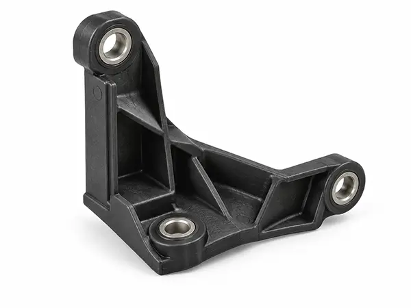 Reinforced plastic under-hood mounting bracket with ribs and bolt holes