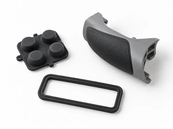 Molded silicone buttons, soft-touch grip and sealing gasket for electronic devices