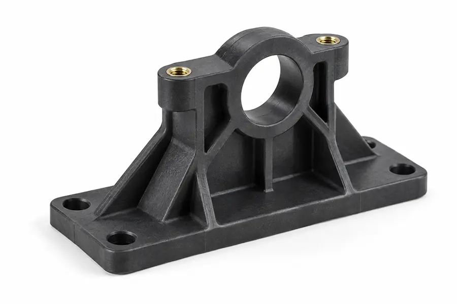 Ribbed industrial plastic mounting bracket with brass threaded inserts