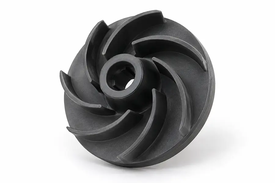 Black molded plastic centrifugal pump impeller
