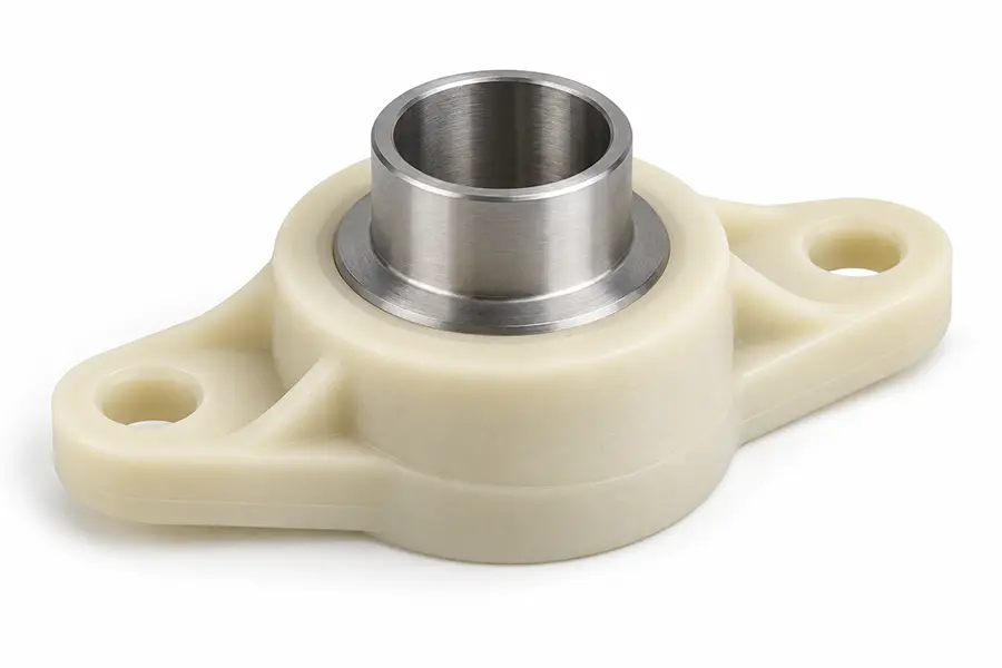 High-temperature plastic mounting flange with a custom stepped stainless steel insert