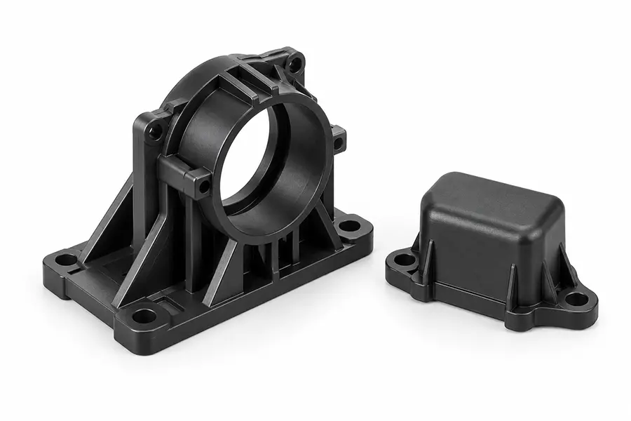 Illustrative black plastic motor bracket and protective cover for medical equipment
