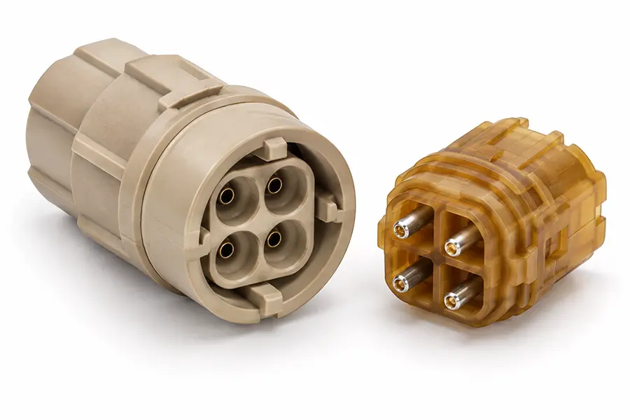 Illustrative beige and amber plastic electrical connector housings