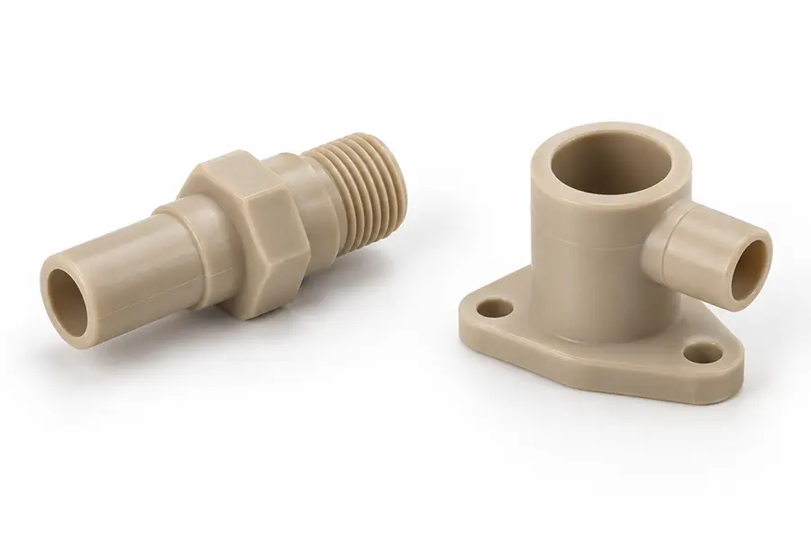Illustrative plastic manifold, connector and valve housing for medical equipment