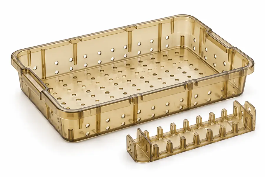 Illustrative amber plastic sterilization tray and removable instrument support