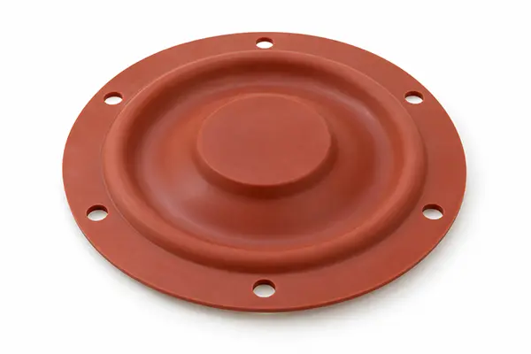 Red circular silicone pump diaphragm with six mounting holes