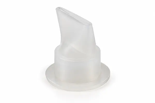 Milky-white silicone duckbill valve with a circular mounting flange