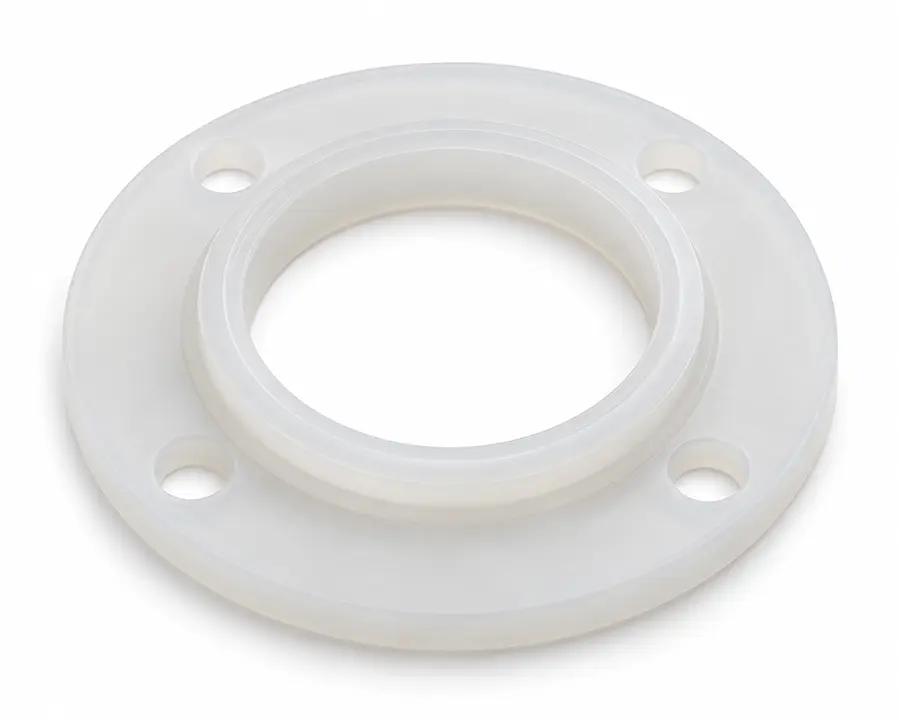 Translucent silicone injection molded gasket on a white background