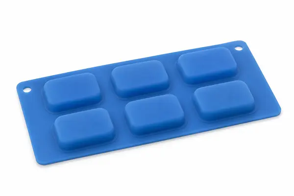 Blue molded silicone keypad with six raised buttons